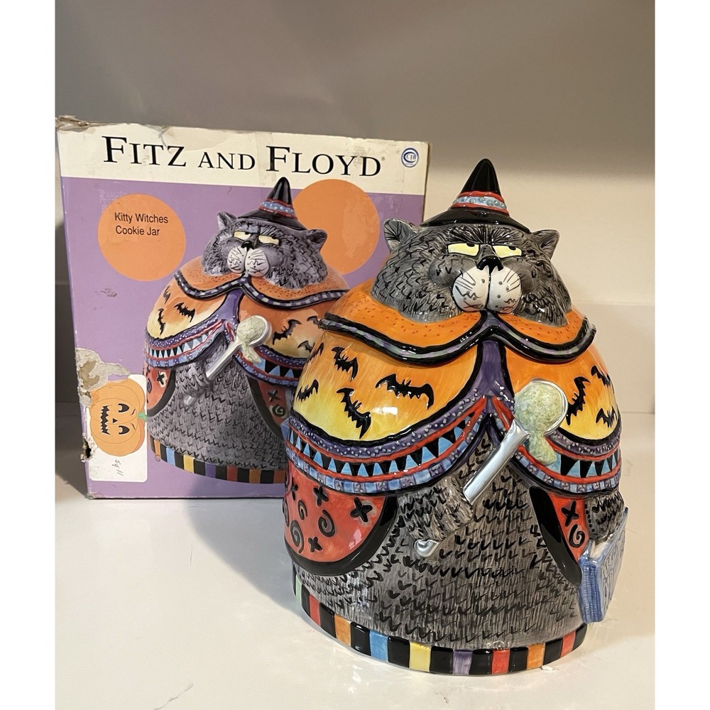 Vintage Fitz & Floyd KITTY WITCHES Whimsical Fat‎ Cat Halloween Cookie Jar 12"